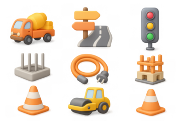 3d construction icons with traffic light, road signs, and safety equipment
