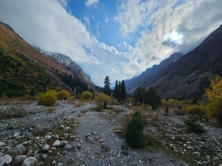 mountain landscape with lake In ala Archa National Park Kyrgyzstan 