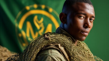 Confident african american male soldier in military uniform with camouflage gear against green background with golden emblem for defense advertising banner