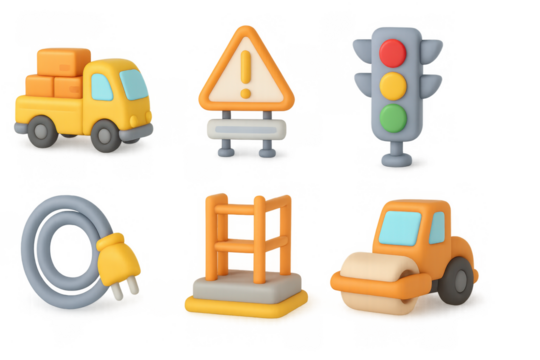 3d soft construction icons with traffic and safety elements in vibrant colors