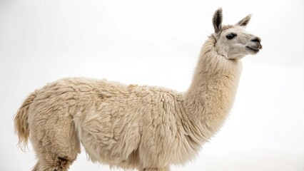 Obraz premium Llama standing calmly on a clean white studio background, showcasing thick wool and gentle expression, sharp focus, and professional studio lighting