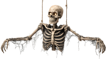 Hanging skeleton torso decoration with glowing eyes, isolated on white background