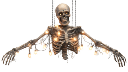 Hanging skeleton torso decoration with glowing eyes, isolated on white background