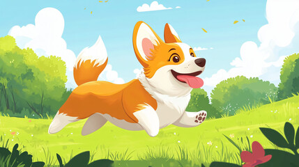 Energetic Cartoon Corgi Leaping in Scenic Green Field � Joyful Concept