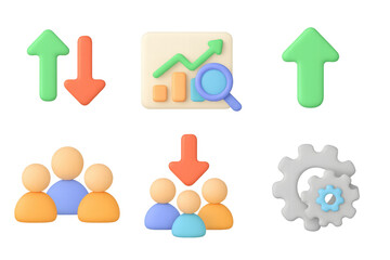 Glowing 3d icons of business analytics and team dynamics