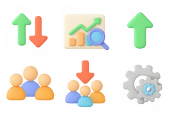 Glowing 3d icons of business analytics and team dynamics