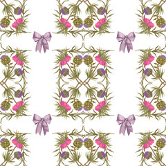 Hand drawn print. Seamless delicate watercolor botanical pattern with pink peonies, passion fruit flowers and green bows on a white background