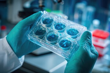 Scientist holding a cell culture plate in a laboratory.