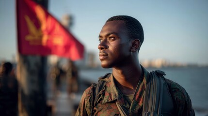 Proud african american young male soldier looking into distance with flag behind in military service outdoor setting
