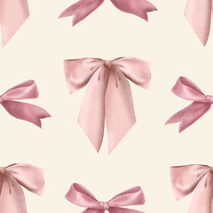 Hand drawn print. Seamless delicate watercolor pattern with pink bows background