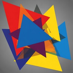A vibrant abstract design composed of overlapping triangles in a variety of bright colors, creating a dynamic and visually striking effect against a neutral gray background.