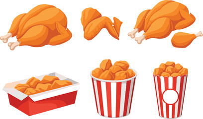 Fried chicken bucket, crispy wings, fast food meal, roasted chicken pieces, crunchy nuggets, delicious takeout, tasty snack, fast food illustration