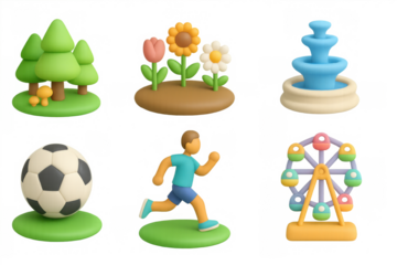 Whimsical park icons: trees, flowers, fountain, soccer, running, ferris wheel in 3d style