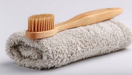 Bamboo toothbrush on a rolled towel