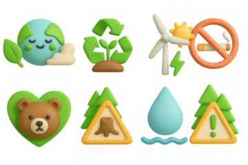 Eco-friendly icons set featuring nature, recycling, and renewable energy symbols in soft pastel colors