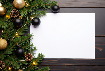 Festive Christmas Composition with Blank Paper. Top view. text space. New Year celebration concept