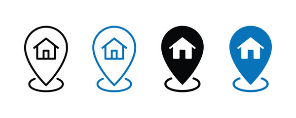Home location vectors icons set in filled and line. Map pin with a house icon on white background.