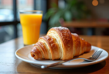 Breakfast croissant and orange Juice. Tasty breakfast concept