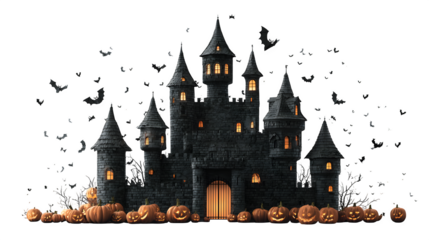 Haunted castle with bats flying out of towers, pumpkins glowing at gate, isolated on white background