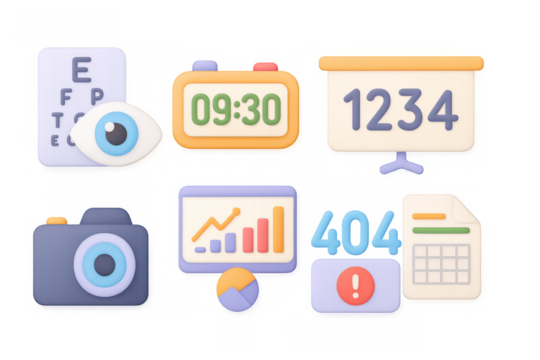 Playful gradient icons: eye test, alarm, graphs, and more in modern style