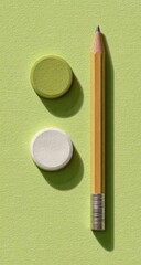 Two light-colored circular objects, a lime green and a cream, sit beside a pencil on a pale lime green background