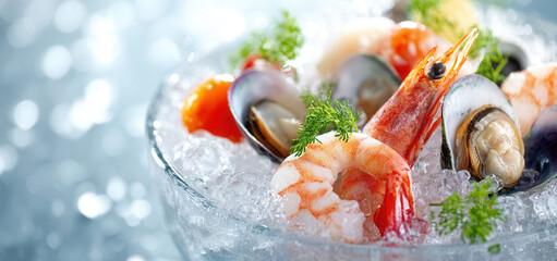 Fresh seafood display with shrimp, mussels, and clams served in a chilled glass bowl on ice