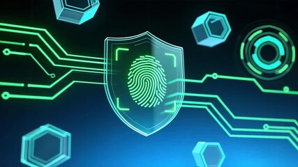 A glowing green fingerprint hologram with floating circuits and data lines, symbolizing cybersecurity, data protection, phishing in futuristic interface - Powered by Adobe