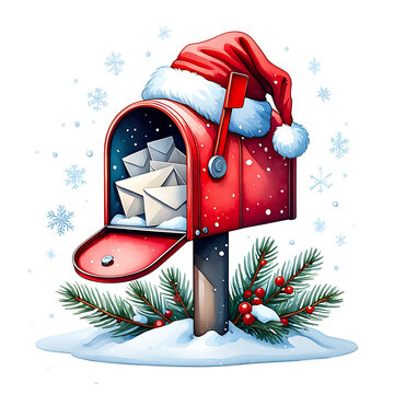 Festive Christmas Mailbox Overflowing with Letters To Santa Santa Hat Greeting Card Concept Isolated
