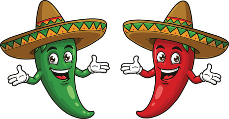Funny cartoon chili pepper characters with Mexican sombrero hats, red chili mascot, green jalapeno illustration, spicy vegetable cartoon design, vector