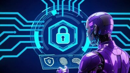 A futuristic holographic padlock and shield interface with humanoid figure, representing cybersecurity, data protection, phishing in digital fortress - Powered by Adobe
