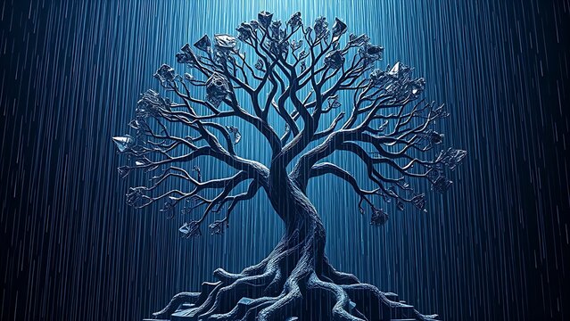 A shattered tree of life sculpture with digital binary rain, symbolizing evolution and technology.