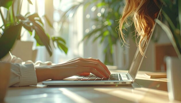 Generated image A close-up of a person typing on a sleek laptop in a minimalist home office - Powered by Adobe