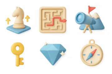 3d strategy and adventure icons with chess, maze, telescope, key, diam