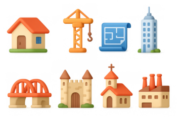 Colorful 3d cartoon construction and architecture icons set