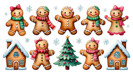 Fototapeta premium Festive Gingerbread Collection with Houses and Tree Featuring Holiday Sweets and Winter Season Delight