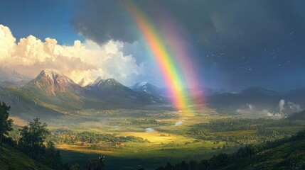 Panoramic view of a valley with a rainbow arching over a peaceful landscape. Lush green meadows, rolling hills, and snow-capped mountains are visible