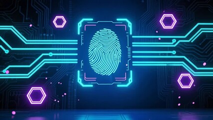 A futuristic neon scene with glowing fingerprint scanner and floating hexagonal icons, symbolizing cybersecurity, data protection, phishing technology - Powered by Adobe