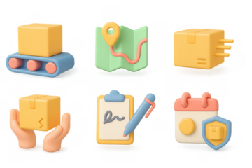 3d logistics and delivery icons set: package, map, clipboard, security