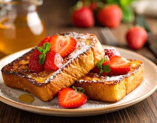 Golden Brown French Toast Slices Topped With Fresh Strawberries and Powdered Sugar