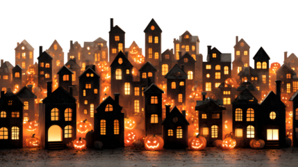 Halloween city skyline with pumpkin lantern windows glowing, isolated on white background
