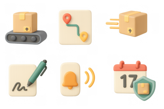 Minimalist 3d icons of package delivery and logistics process with cal