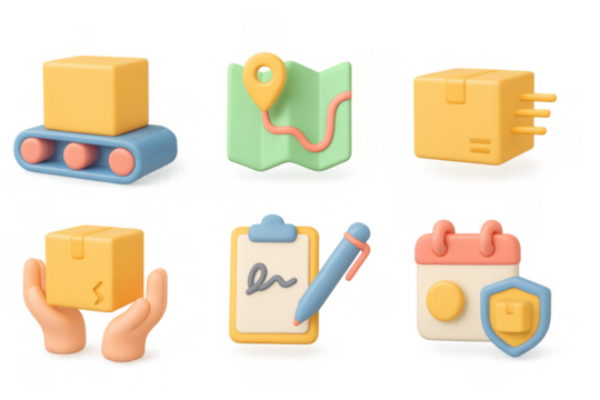 3d logistics and delivery icons set: package, map, clipboard, security - Powered by Adobe