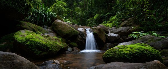 The natural waterfall flows over mossy stones in a lush tropical jungle.