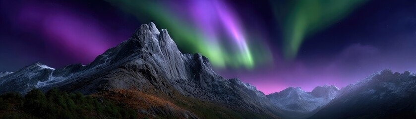 Icebergs beneath northern lights in the sky concept. Stunning aurora borealis over majestic mountain peaks at night.