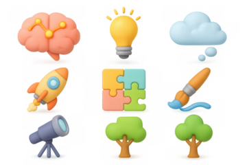 Creative concepts set: brain, lightbulb, rocket, puzzle, paintbrush, t