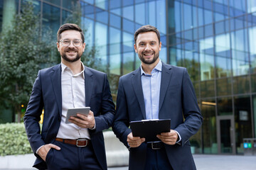 Two smiling businessmen in suits standing together outside a contemporary glass-fronted office, one...