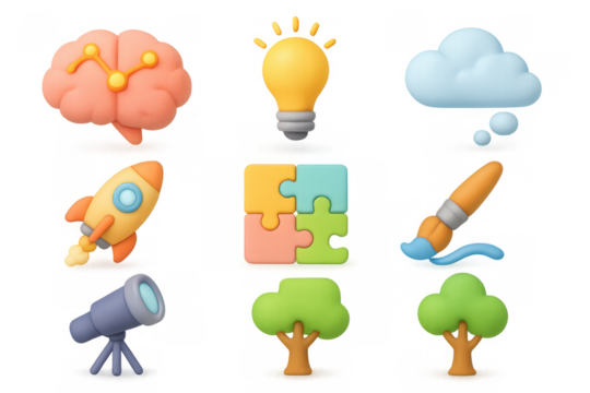 Creative concepts set: brain, lightbulb, rocket, puzzle, paintbrush, t