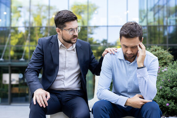 Man consoling upset colleague sitting outside office building, offering emotional support and...
