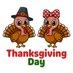 Cute turkey couple, pilgrim hat and bow, Thanksgiving Day lettering, falling leaves, joyful holiday poster, playful themed vector