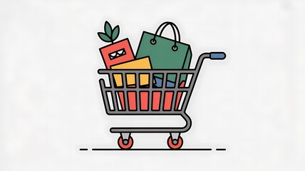 Illustration of shopping cart full of groceries and shopping bag isolated on white background